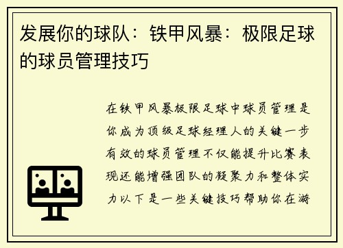 发展你的球队：铁甲风暴：极限足球的球员管理技巧